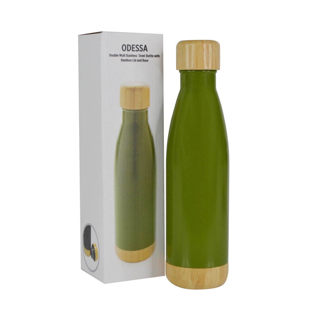 ODESSA - Giftology Double Wall Stainless Bottle with Bamboo Lid and Base - Green